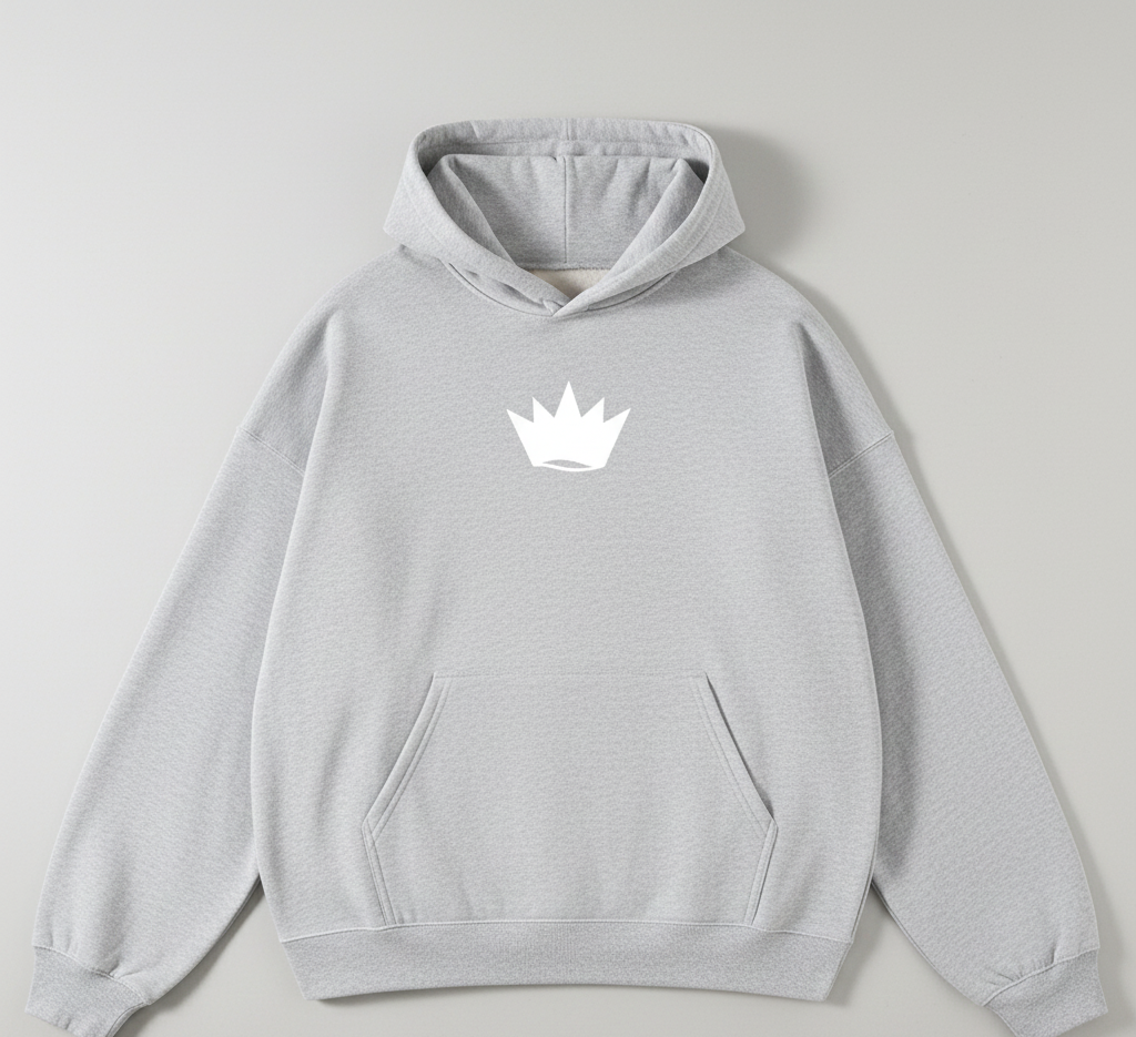 Gray hoodie with a white crown logo on a light gray background