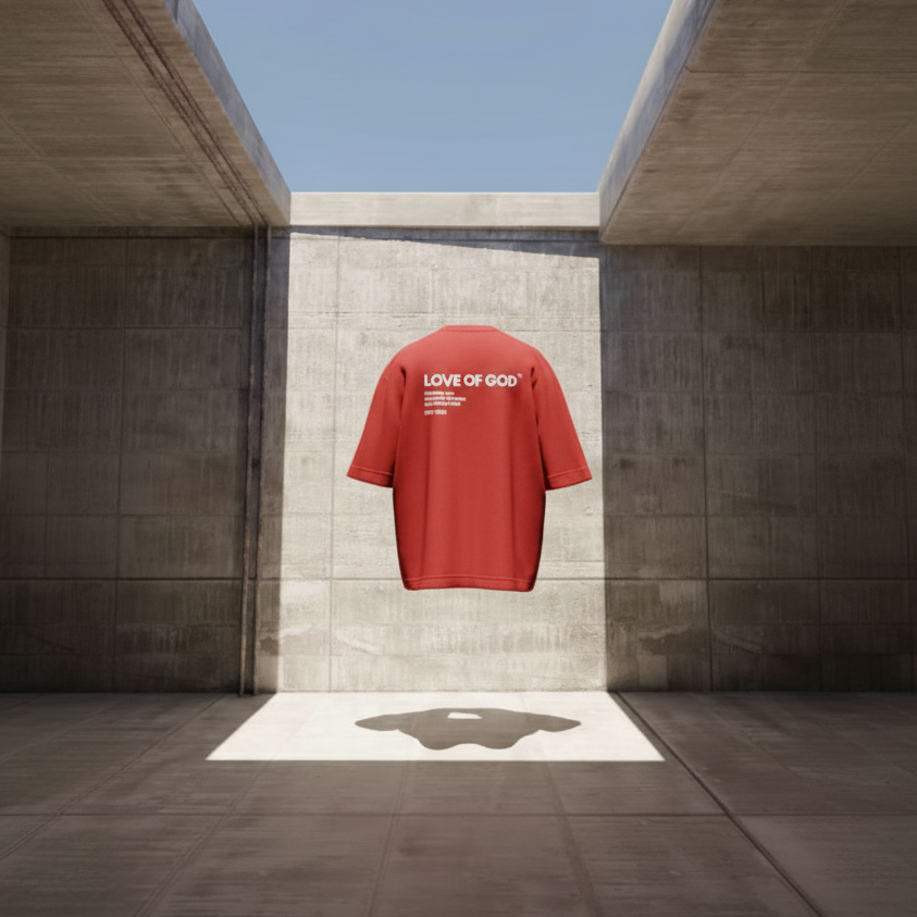 Red t-shirt with text on a concrete wall with a skylight above