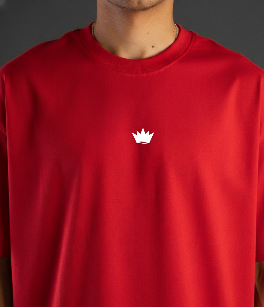 Red t-shirt with a white logo on a dark background
