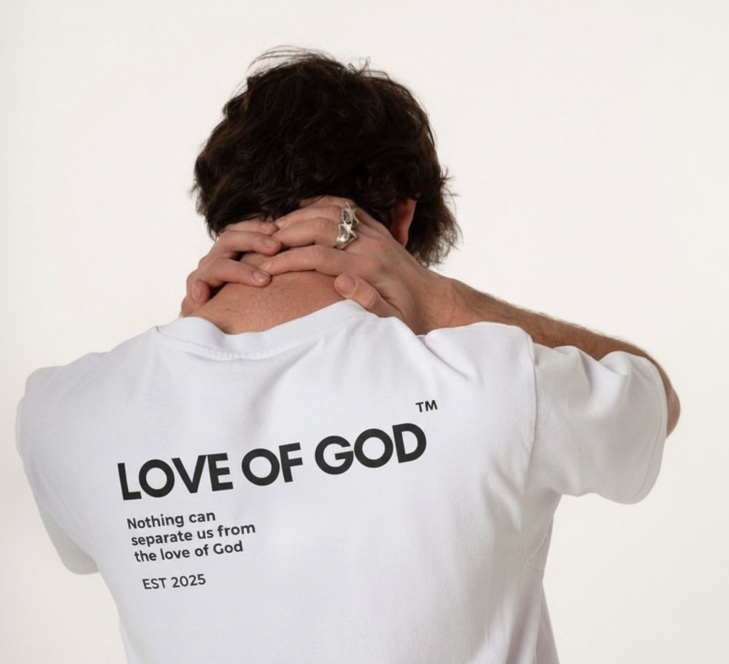 Person wearing a white t-shirt with 'LOVE OF GOD' text on the back against a plain background